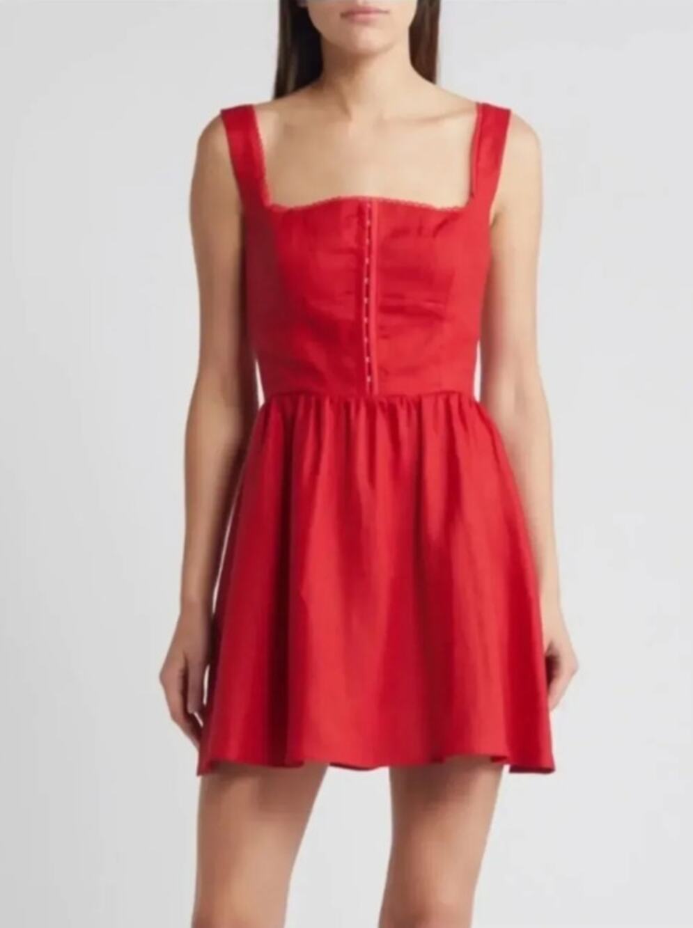 Reformation Sheri Fit & Flare Red Linen Mini Dress Corset Cottagecore Resort 12